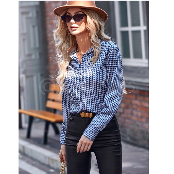 Blue Casual Satin Printed Button Up / Down Shirt Long Sleeve Collar - Picture 5 of 8